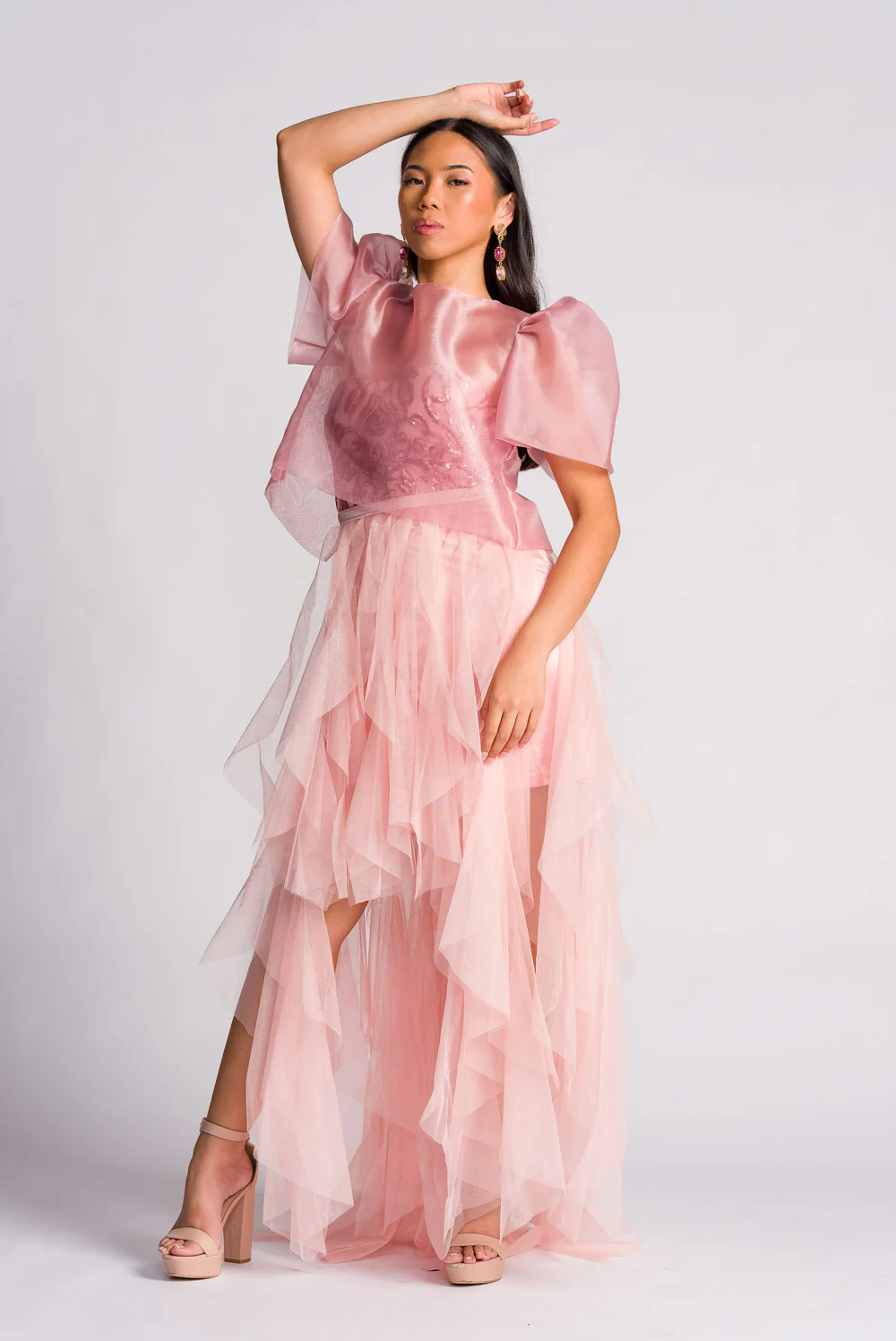 'Dahlia' Ribbon Tie-Up Modern Filipiniana Blouse (Blush Pink) - Image 4