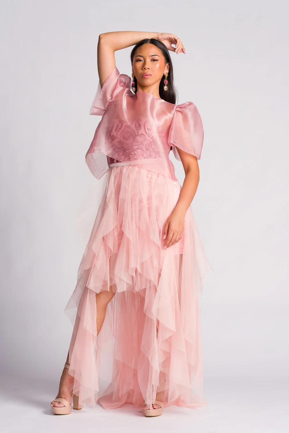 'Dahlia' Ribbon Tie-Up Modern Filipiniana Blouse (Blush Pink) - Image 6