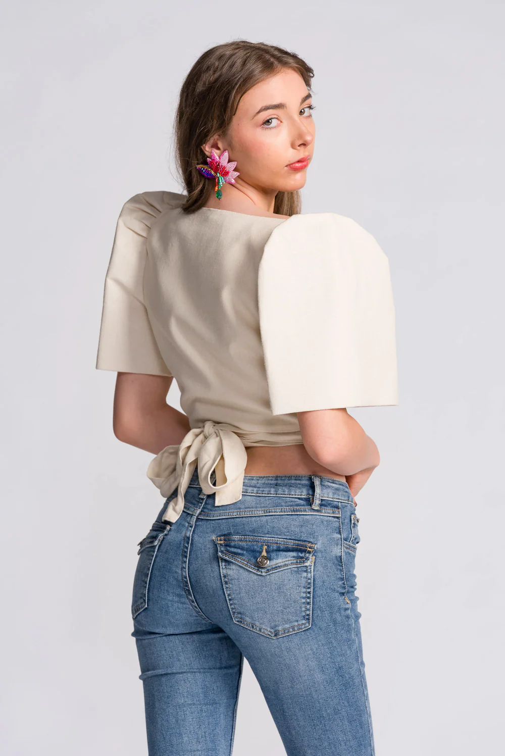 'Cora' Modern Filipiniana Wrap Top (Oat) - Image 10