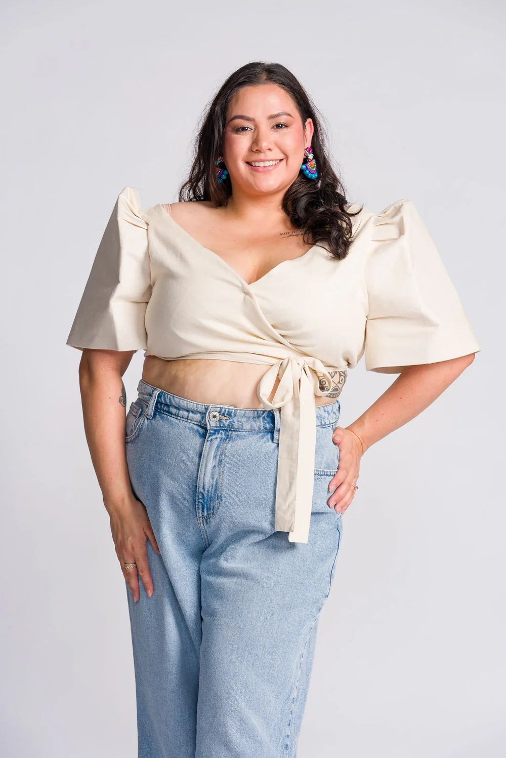 'Cora' Modern Filipiniana Wrap Top (Oat) - Image 3
