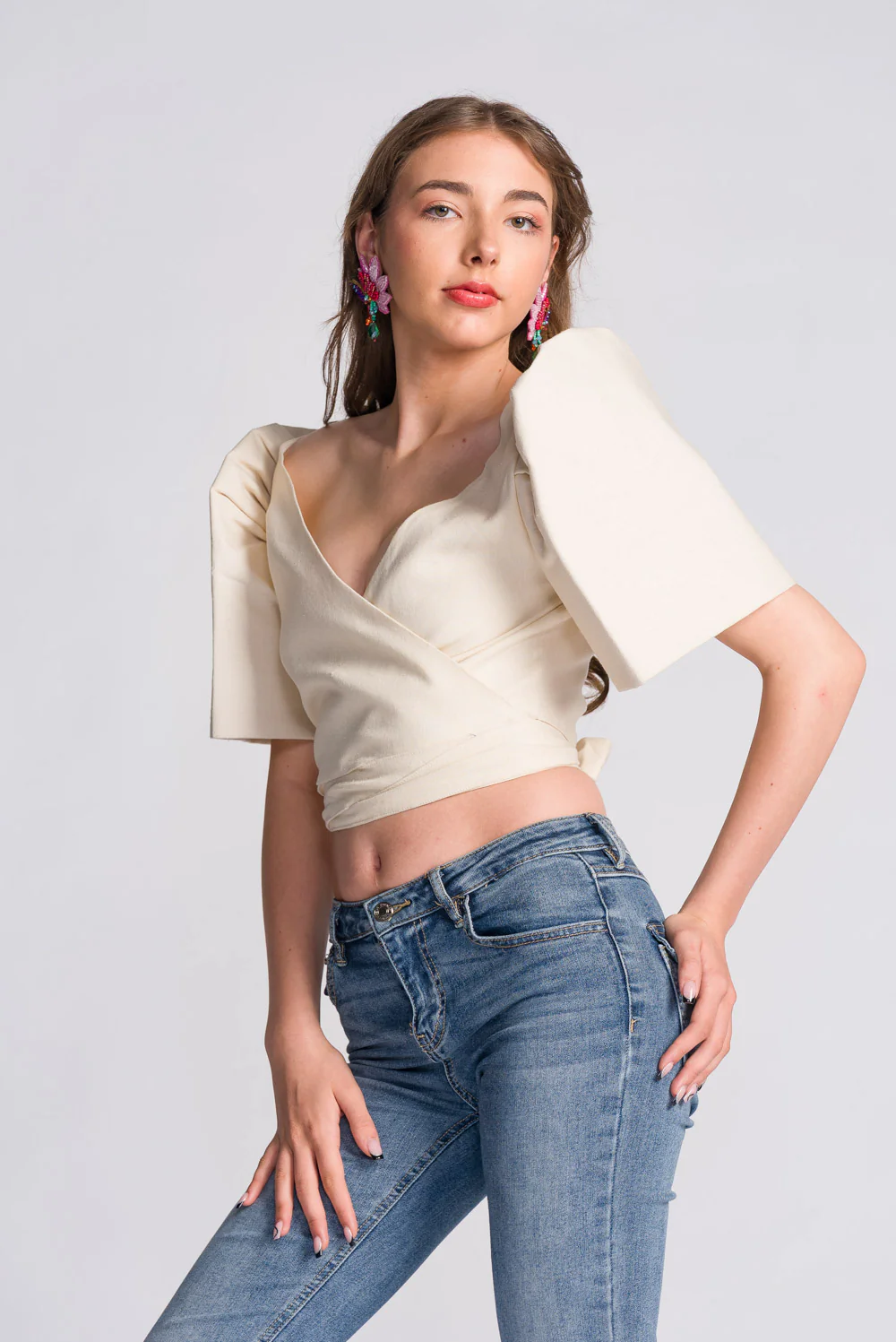 'Cora' Modern Filipiniana Wrap Top (Oat) - Image 4
