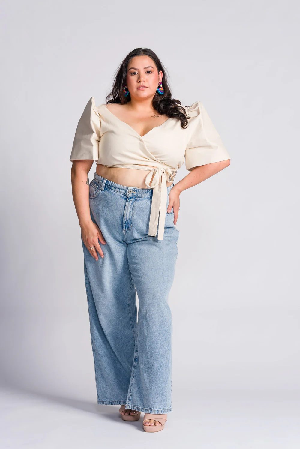 'Cora' Modern Filipiniana Wrap Top (Oat) - Image 5