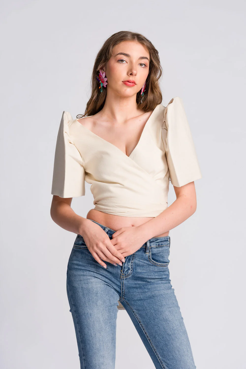 'Cora' Modern Filipiniana Wrap Top (Oat) - Image 6
