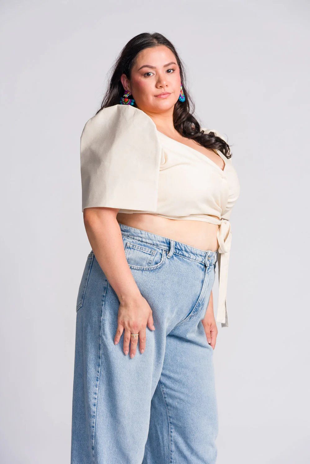 'Cora' Modern Filipiniana Wrap Top (Oat) - Image 7