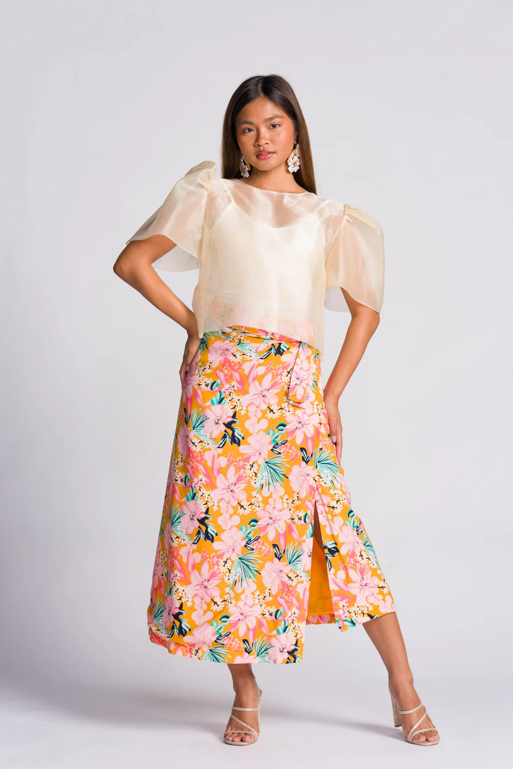 'Dahlia' Ribbon Tie-Up Modern Filipiniana Blouse (Cream) - Image 3