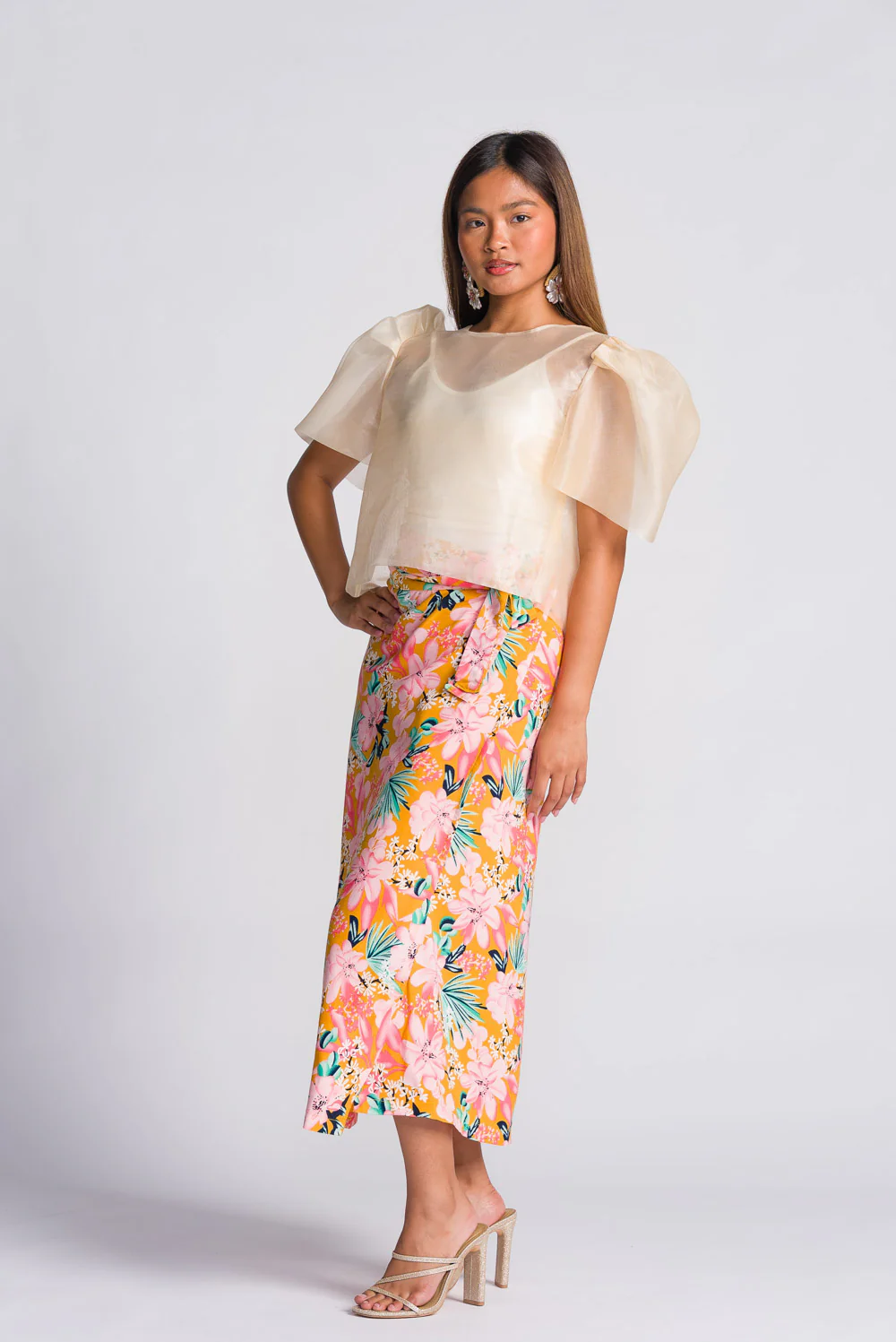 'Dahlia' Ribbon Tie-Up Modern Filipiniana Blouse (Cream) - Image 4
