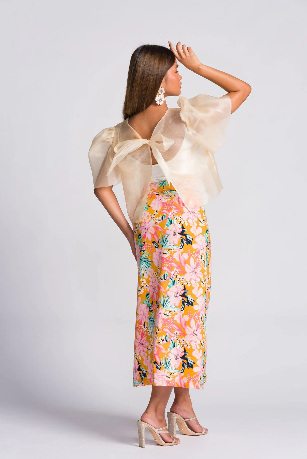 'Dahlia' Ribbon Tie-Up Modern Filipiniana Blouse (Cream) - Image 5