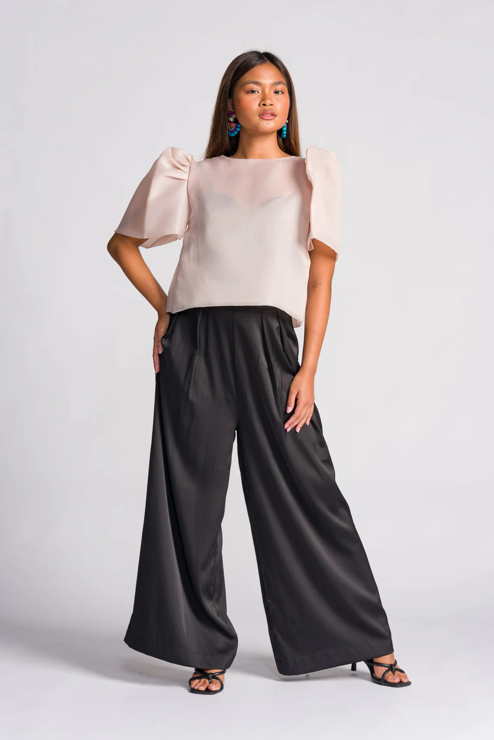 'Dahlia' Jusi Ribbon Tie-Up Modern Filipiniana Blouse (Taupe) - Image 3