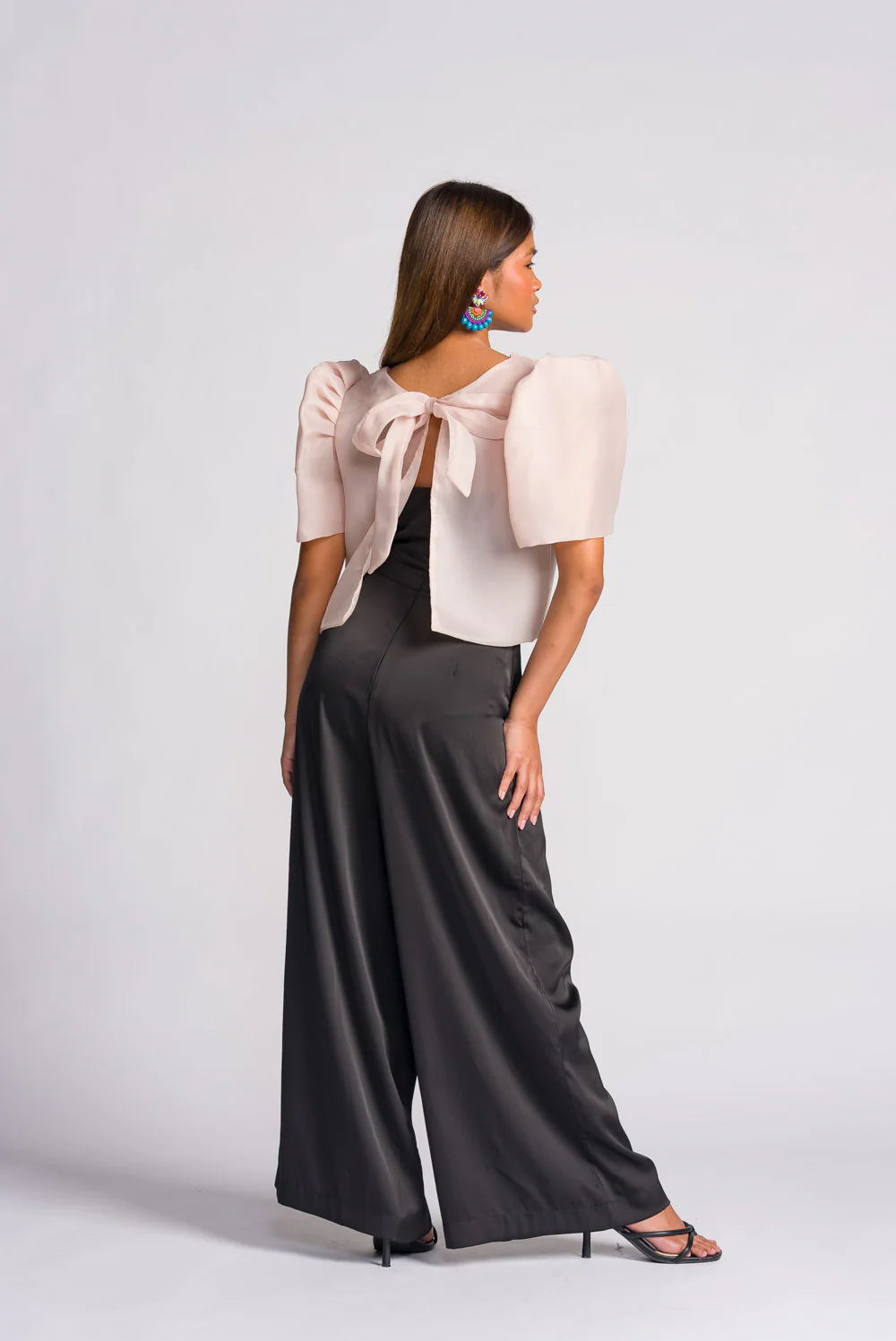 'Dahlia' Jusi Ribbon Tie-Up Modern Filipiniana Blouse (Taupe) - Image 4