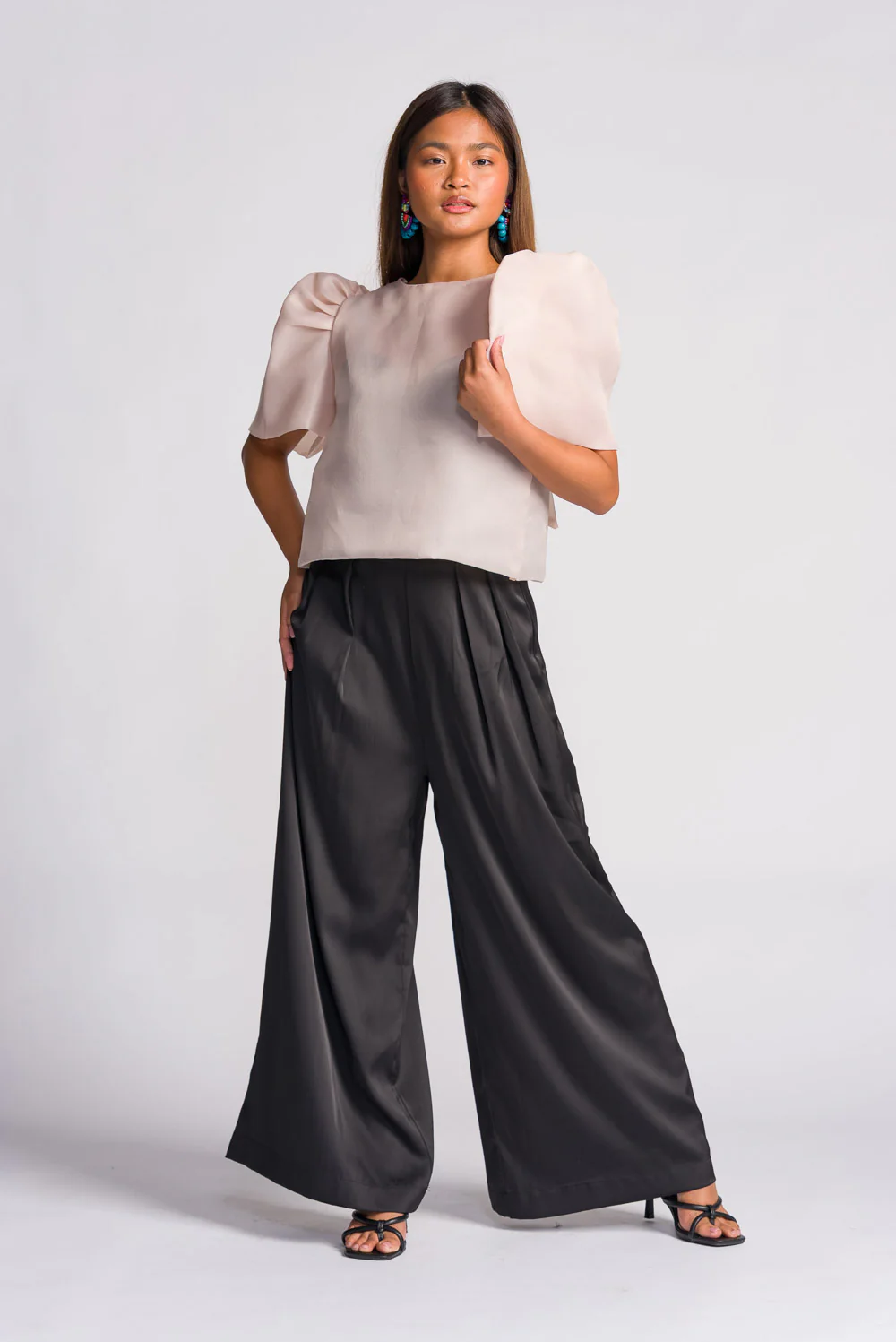 'Dahlia' Jusi Ribbon Tie-Up Modern Filipiniana Blouse (Taupe) - Image 5