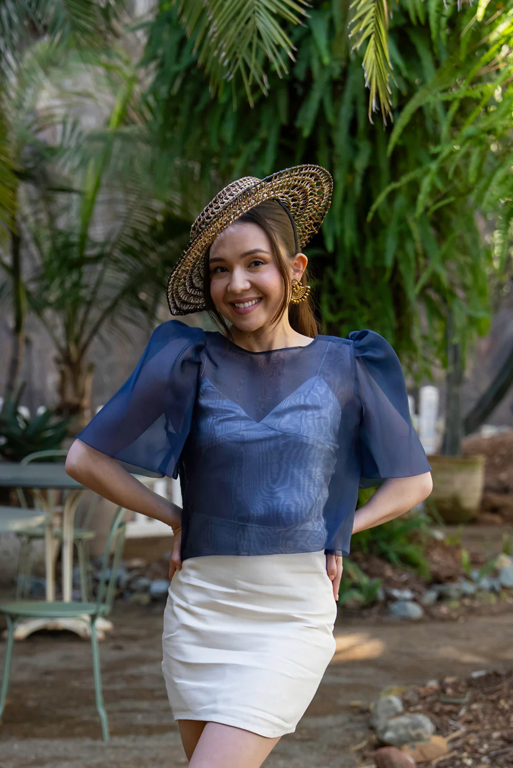 'Dahlia' Ribbon Tie-Up Modern Filipiniana Blouse (Navy Blue) - Image 10
