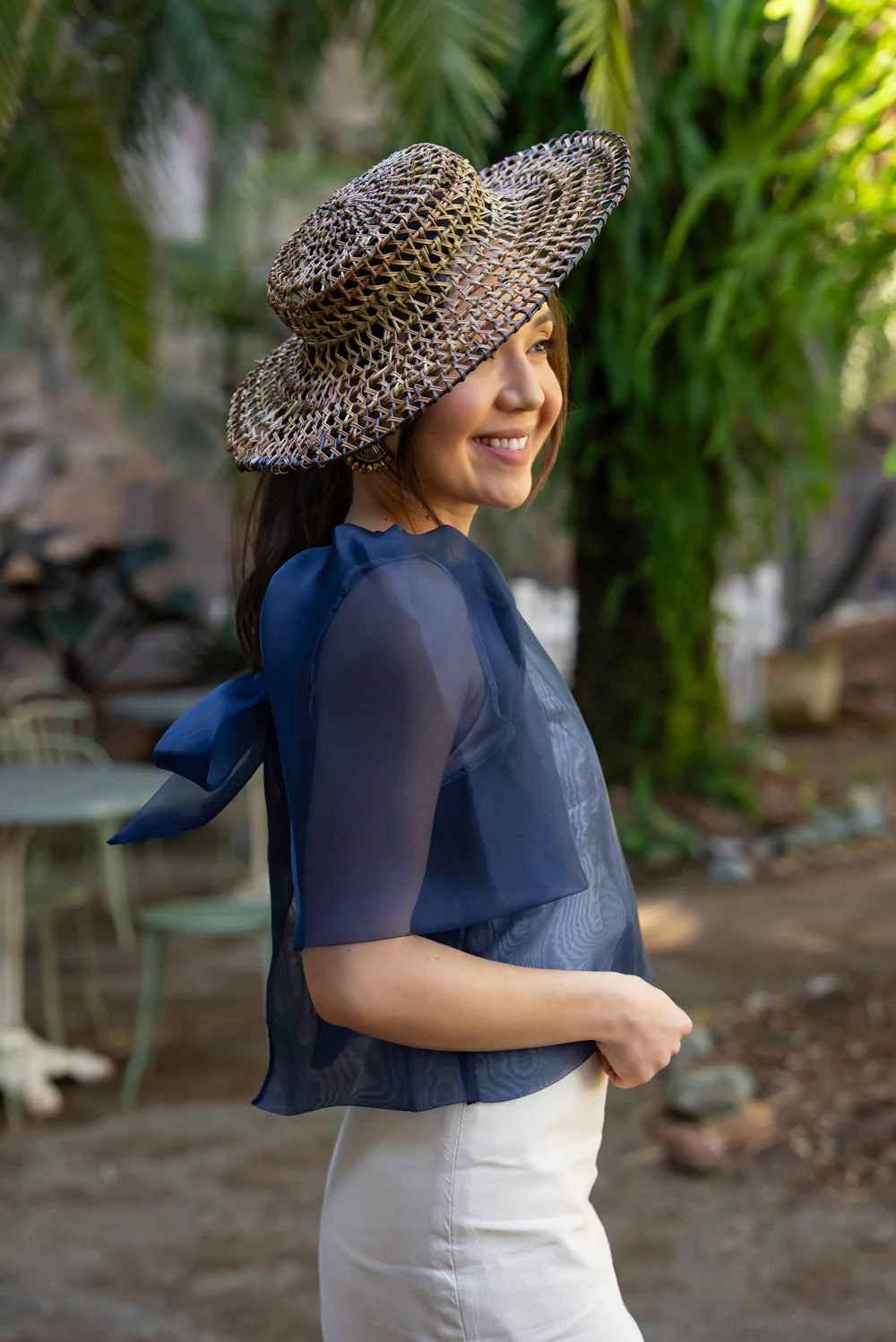 'Dahlia' Ribbon Tie-Up Modern Filipiniana Blouse (Navy Blue) - Image 14