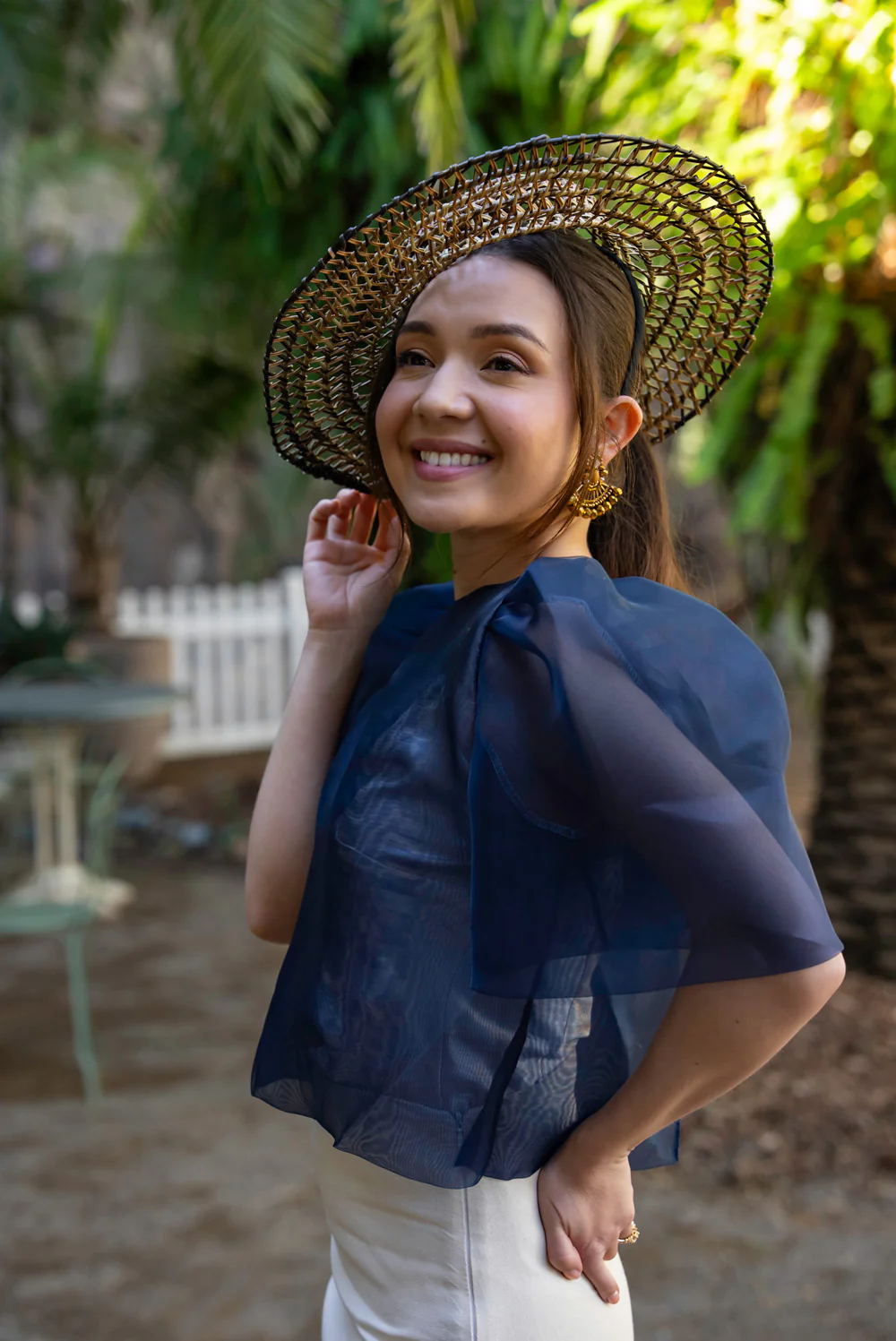 'Dahlia' Ribbon Tie-Up Modern Filipiniana Blouse (Navy Blue) - Image 15