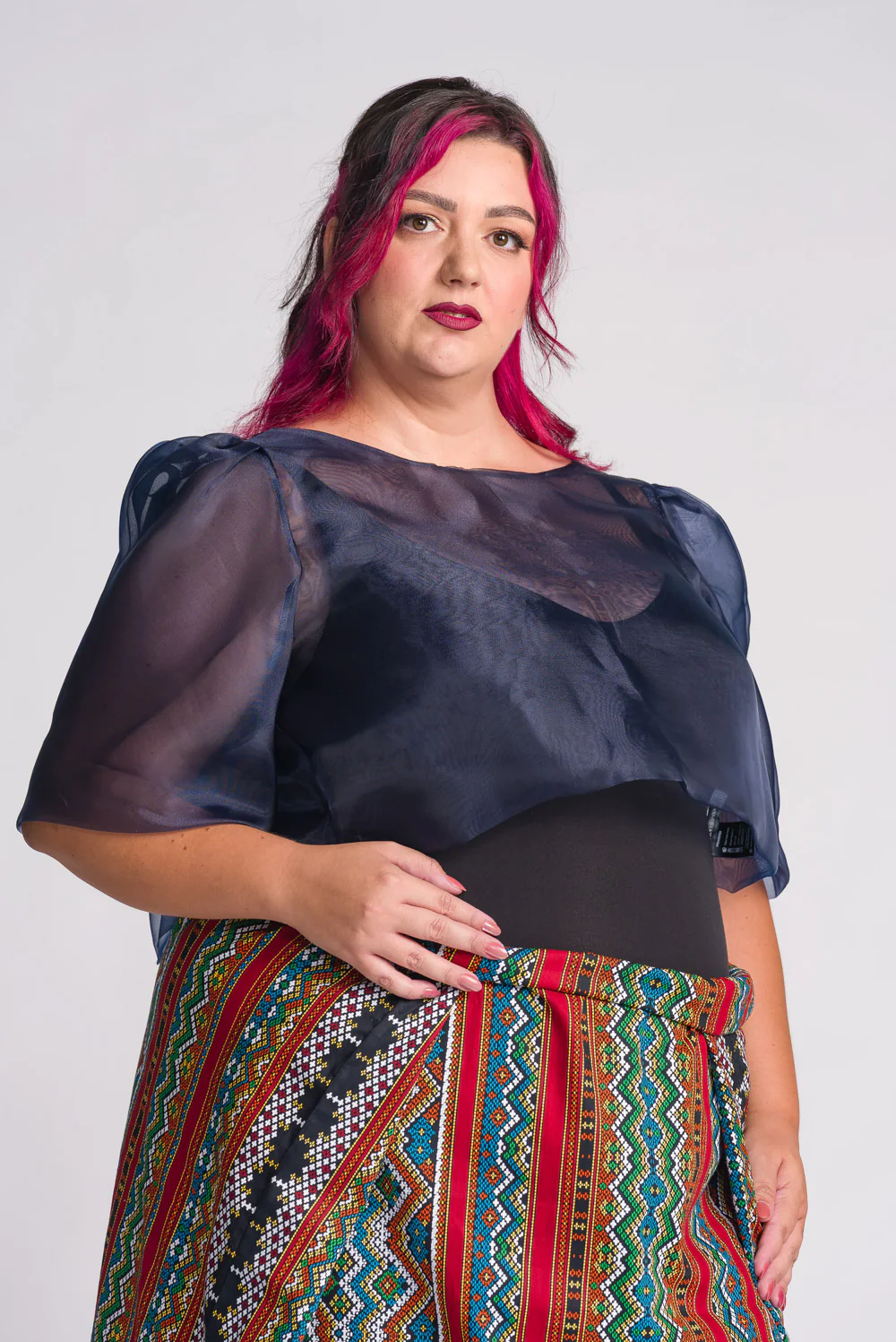 'Dahlia' Ribbon Tie-Up Modern Filipiniana Blouse (Navy Blue) - Image 17