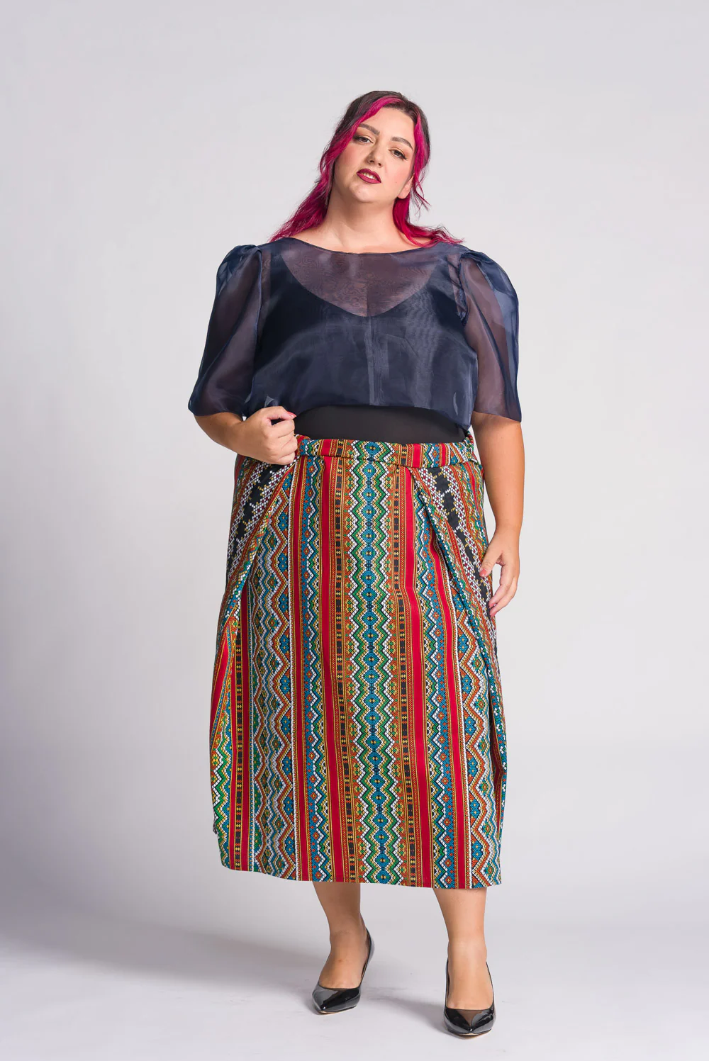 'Dahlia' Ribbon Tie-Up Modern Filipiniana Blouse (Navy Blue) - Image 19