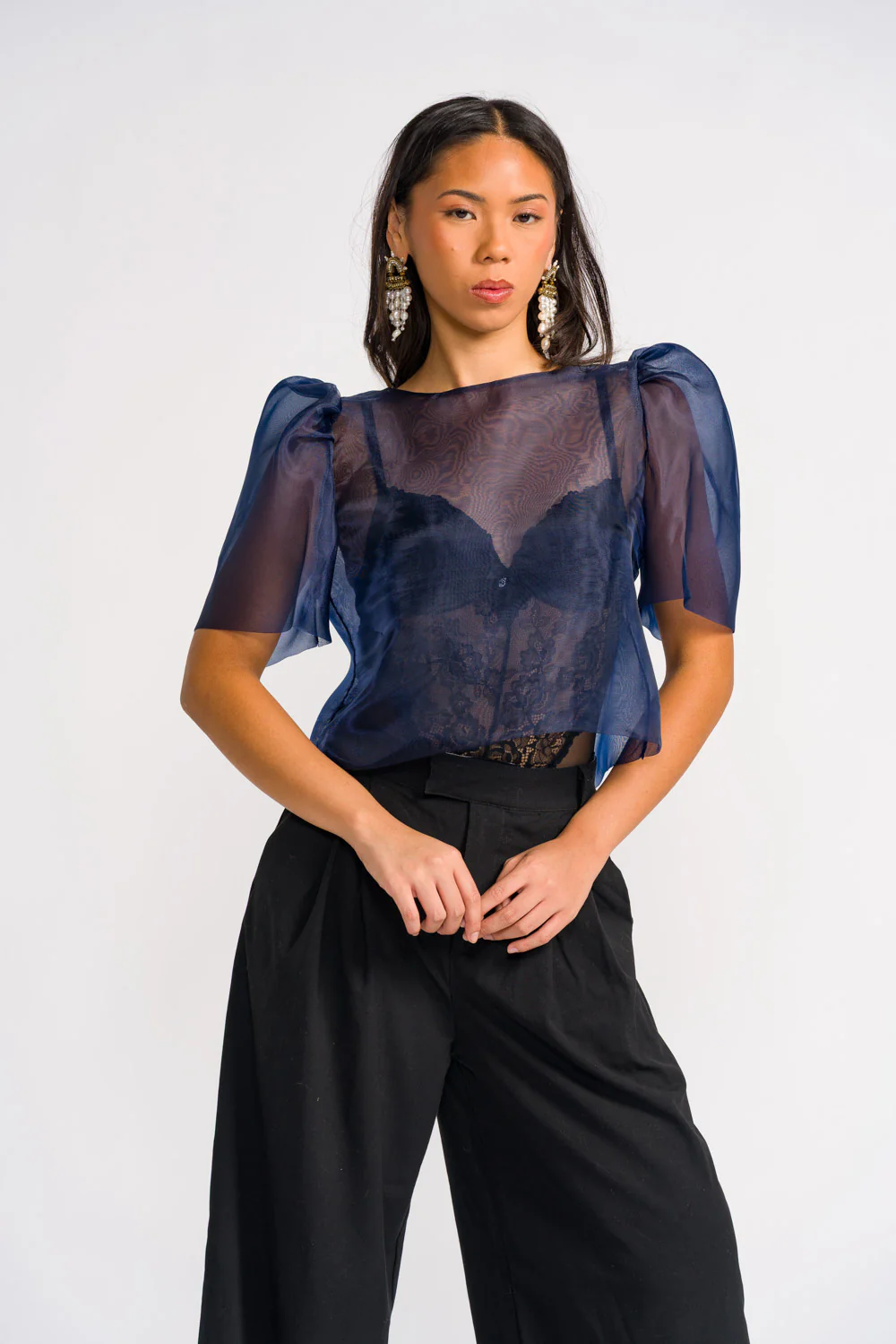 'Dahlia' Ribbon Tie-Up Modern Filipiniana Blouse (Navy Blue) - Image 3