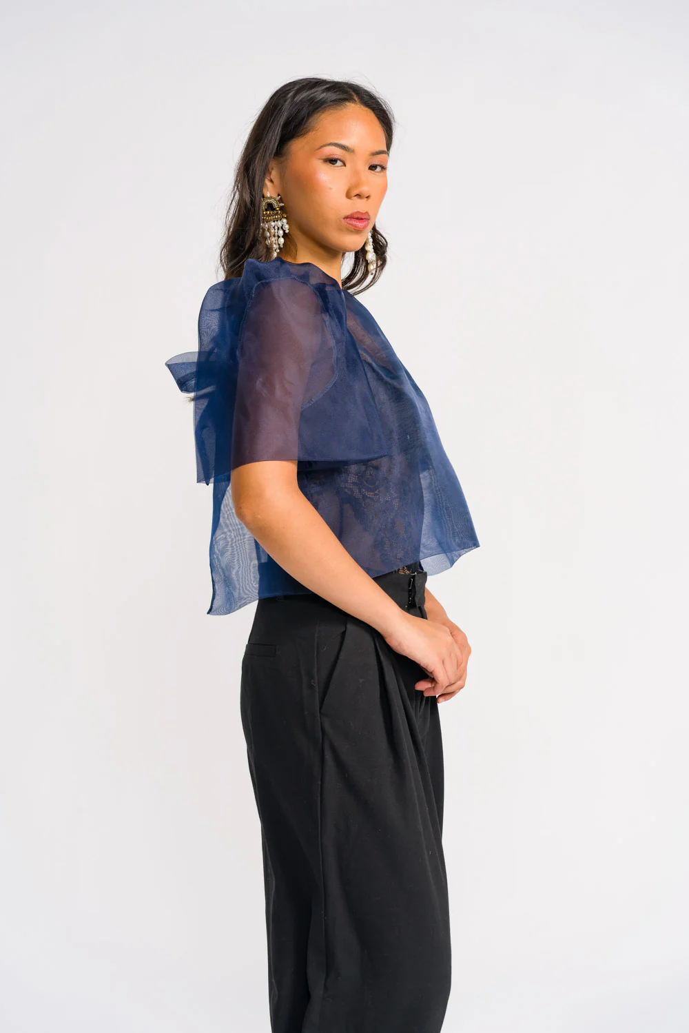'Dahlia' Ribbon Tie-Up Modern Filipiniana Blouse (Navy Blue) - Image 4