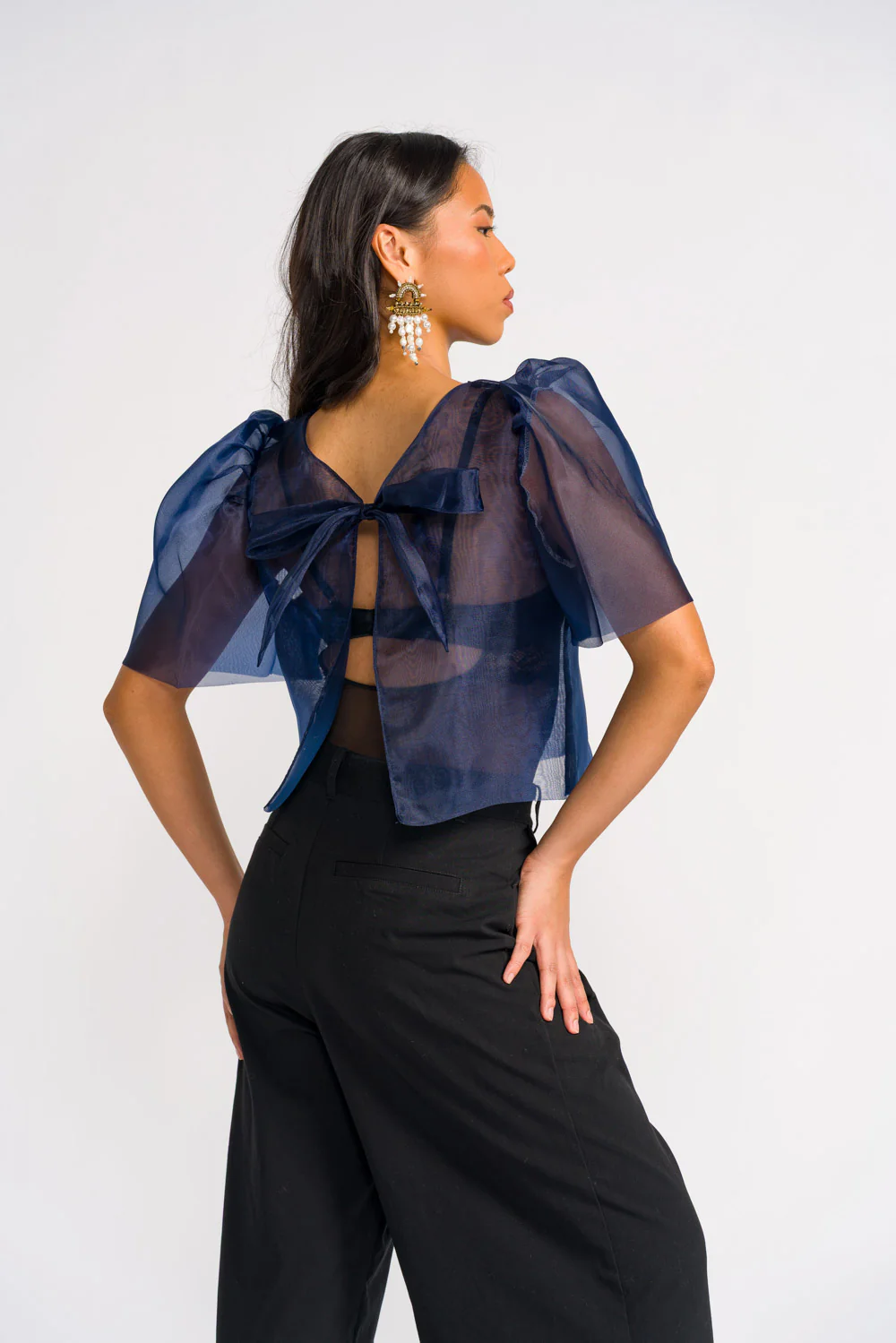 'Dahlia' Ribbon Tie-Up Modern Filipiniana Blouse (Navy Blue) - Image 5