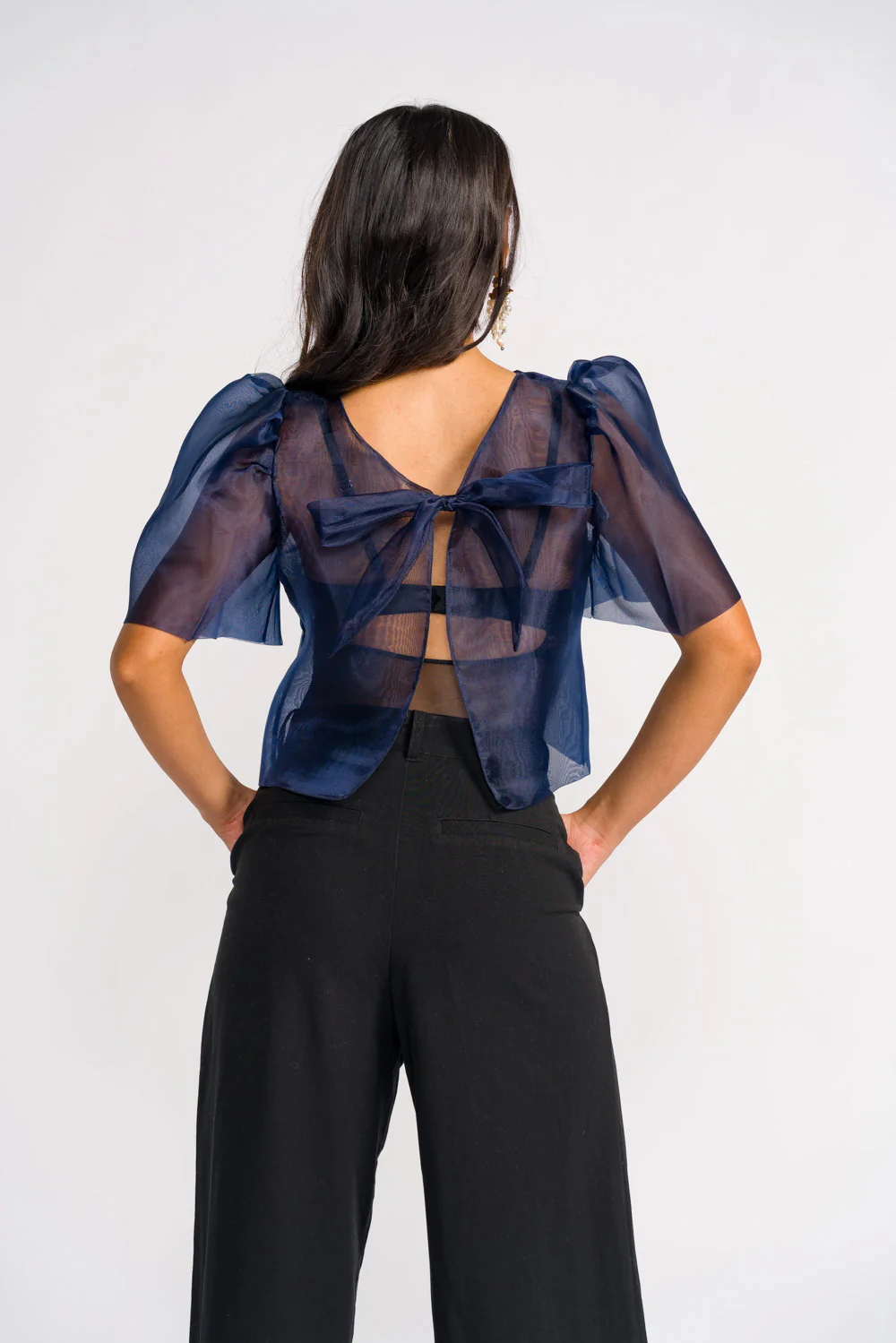 'Dahlia' Ribbon Tie-Up Modern Filipiniana Blouse (Navy Blue) - Image 6