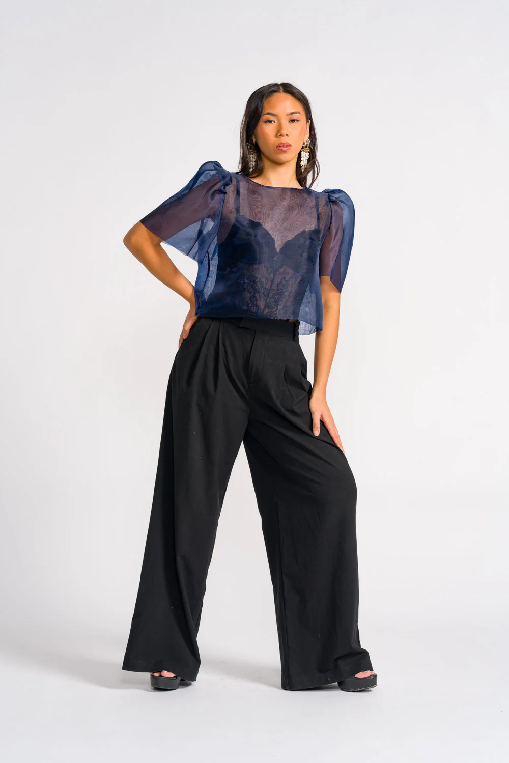 'Dahlia' Ribbon Tie-Up Modern Filipiniana Blouse (Navy Blue) - Image 7