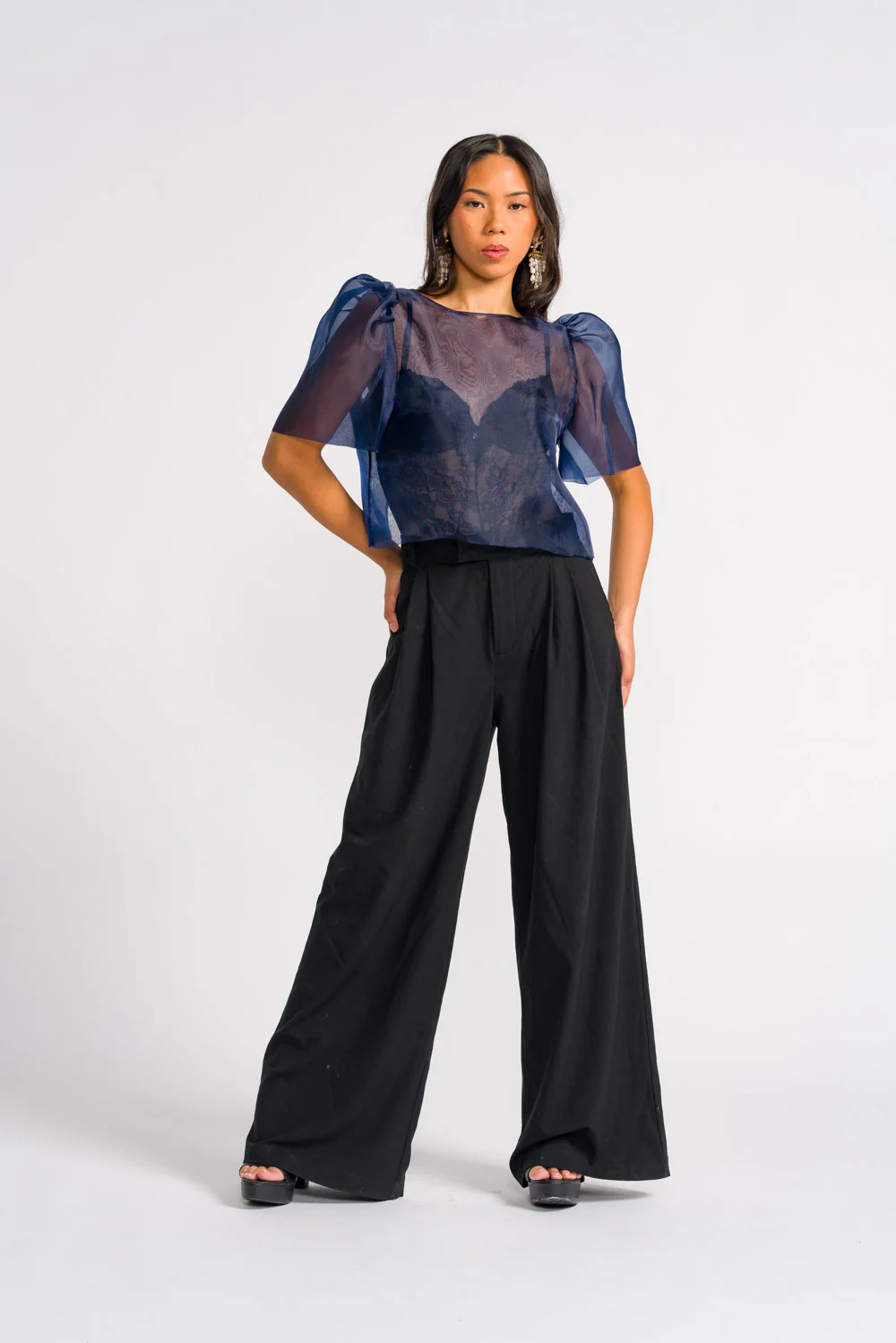 'Dahlia' Ribbon Tie-Up Modern Filipiniana Blouse (Navy Blue) - Image 8