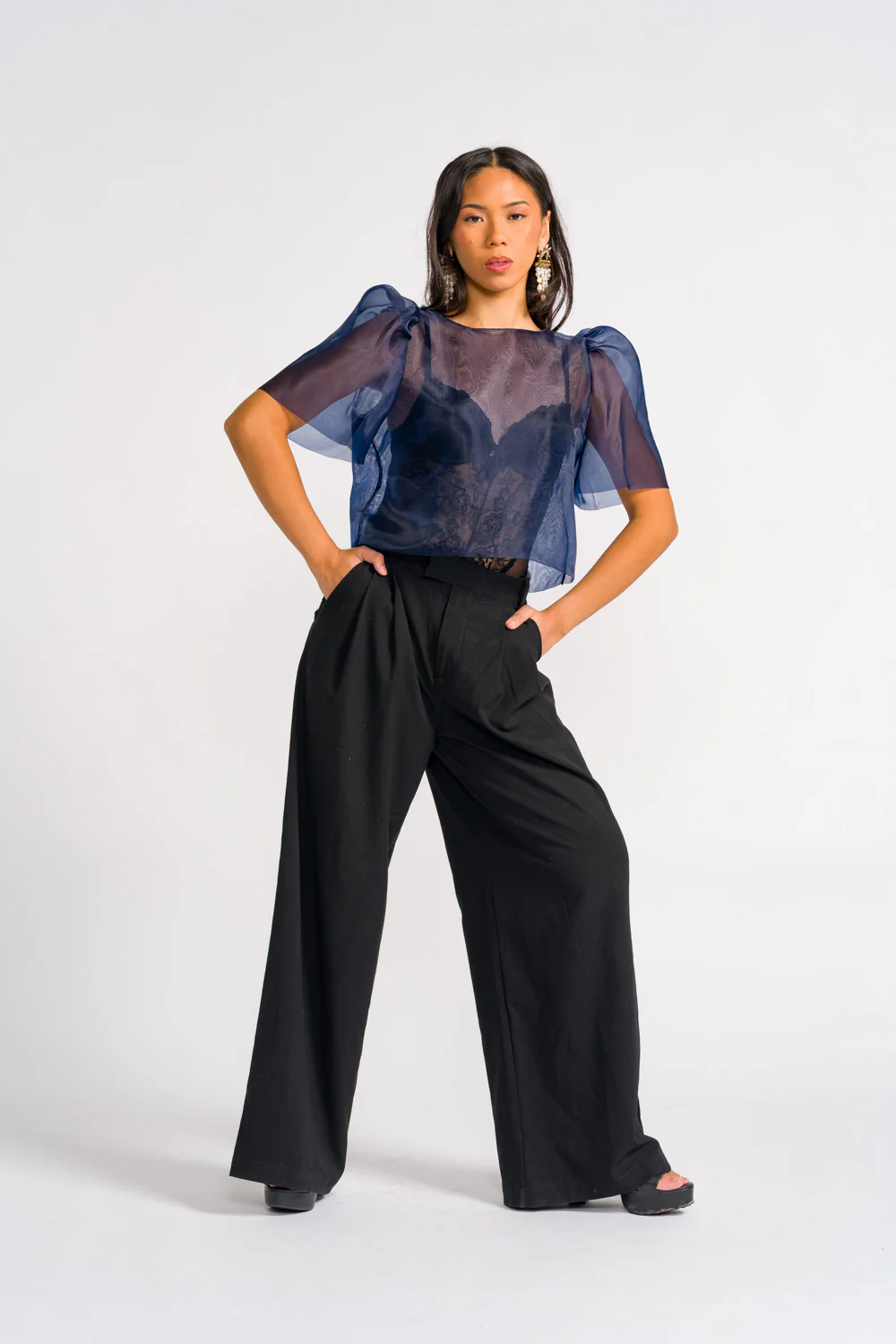 'Dahlia' Ribbon Tie-Up Modern Filipiniana Blouse (Navy Blue) - Image 9