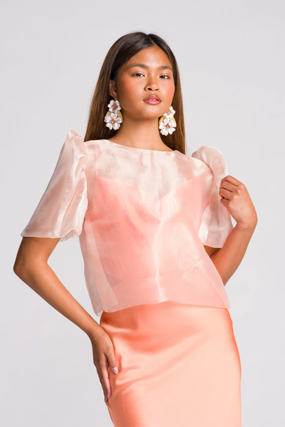 'Dahlia' Ribbon Tie-Up Modern Filipiniana Blouse (Peach) - Image 3