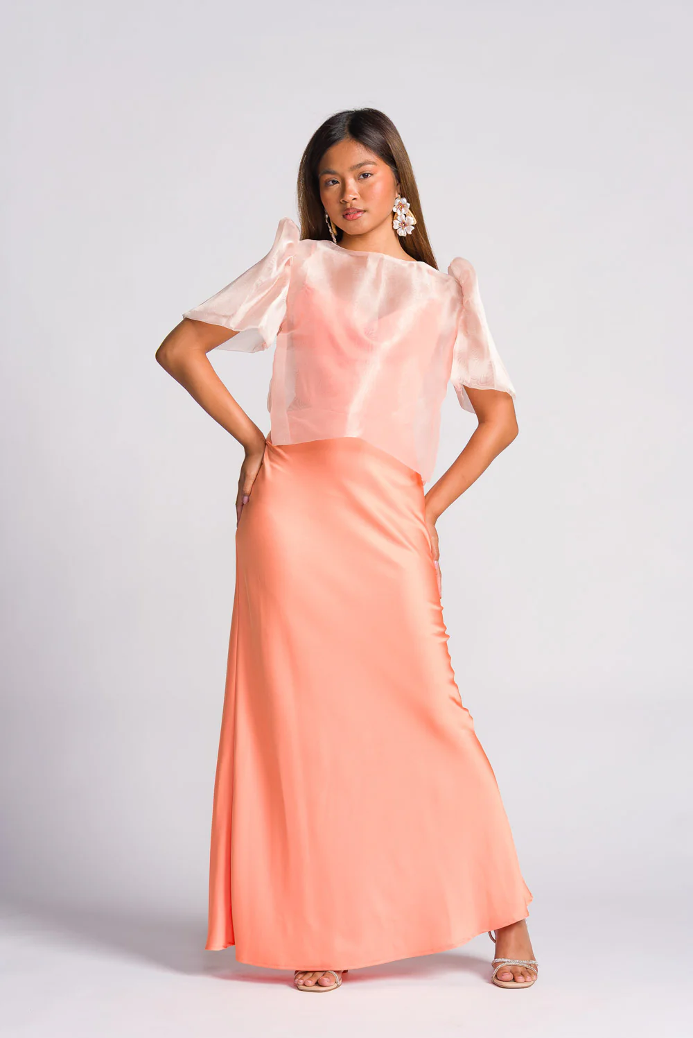 'Dahlia' Ribbon Tie-Up Modern Filipiniana Blouse (Peach) - Image 4