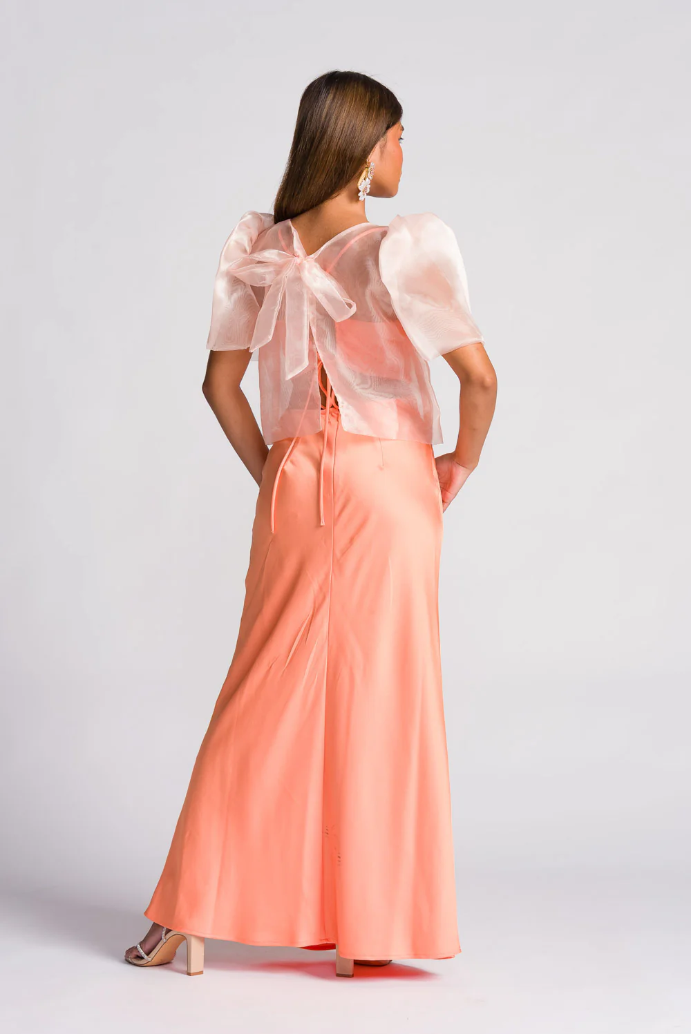'Dahlia' Ribbon Tie-Up Modern Filipiniana Blouse (Peach) - Image 5