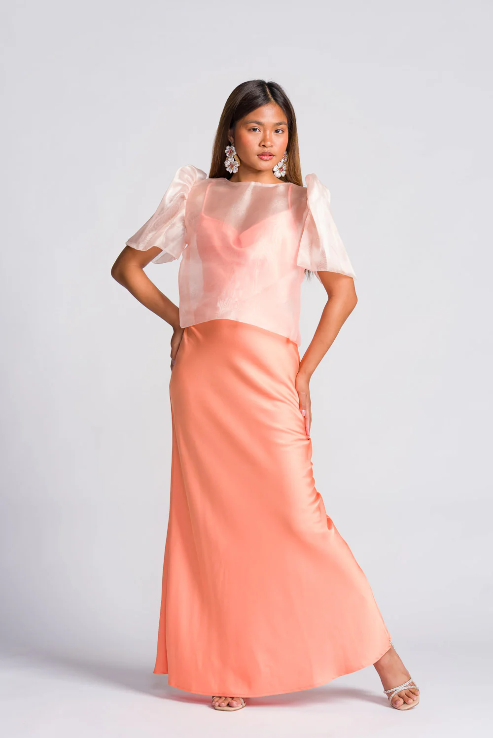 'Dahlia' Ribbon Tie-Up Modern Filipiniana Blouse (Peach) - Image 6