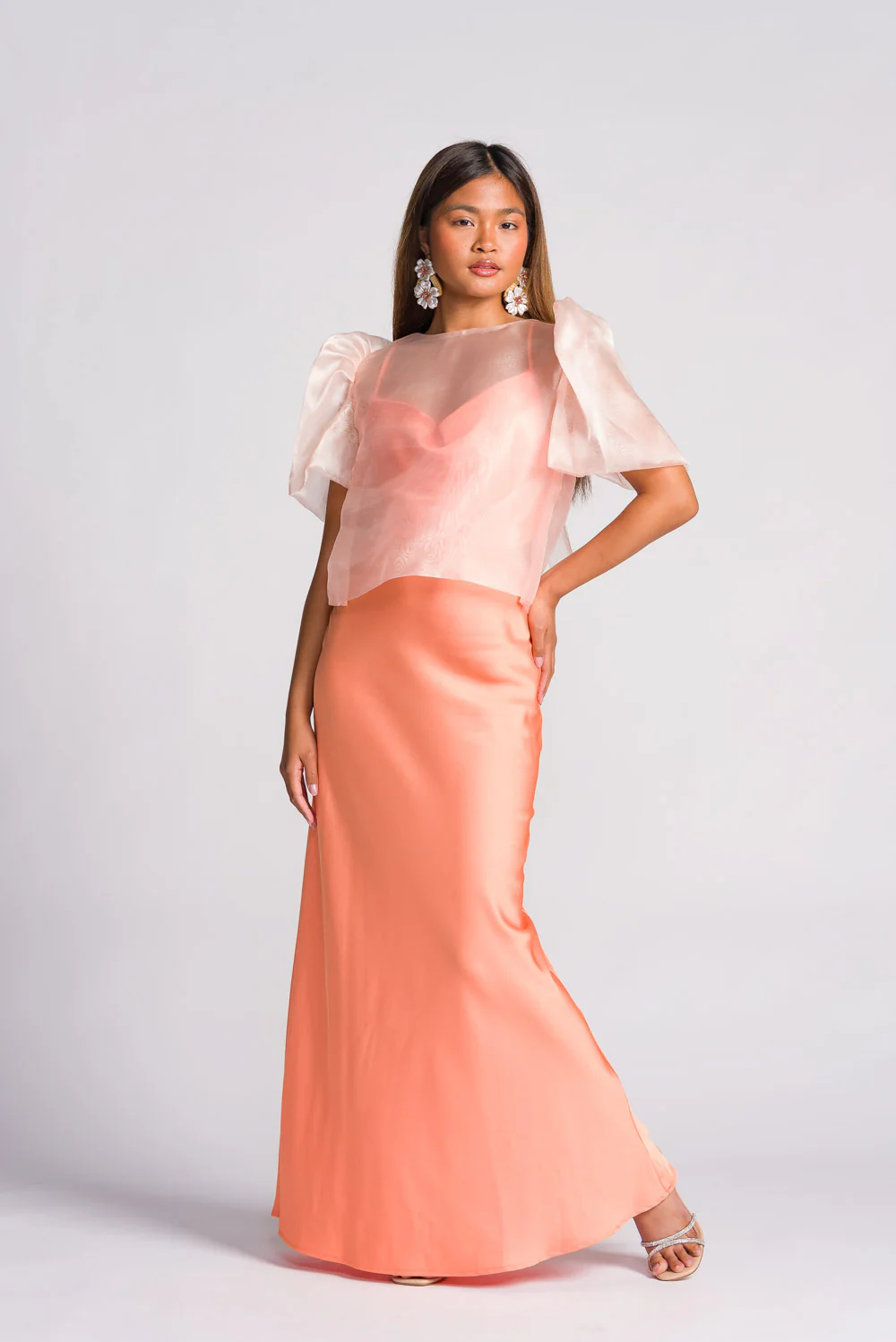 'Dahlia' Ribbon Tie-Up Modern Filipiniana Blouse (Peach) - Image 8