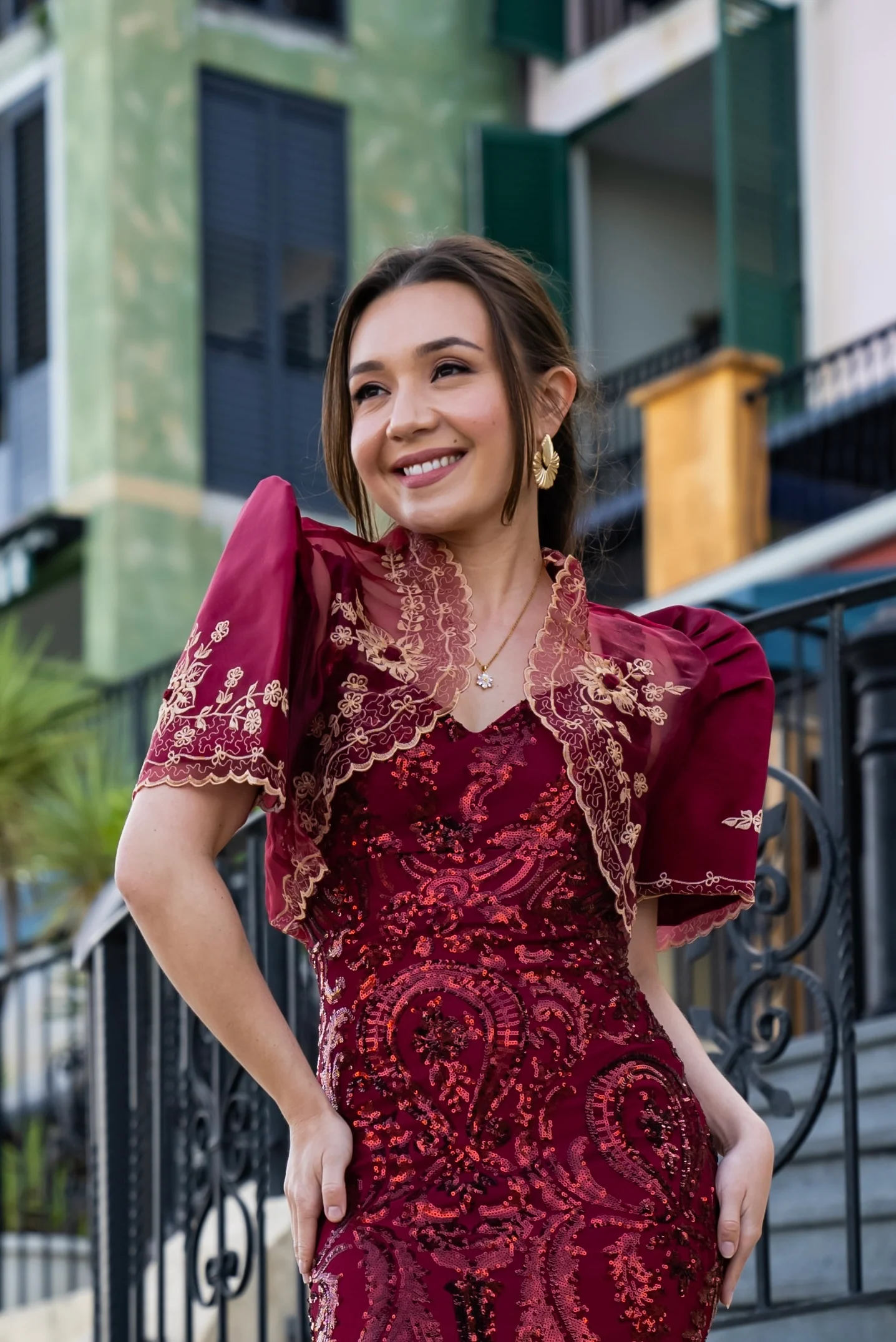 'Luisa' Bolero Filipiniana Sleeves (Burgundy) - Image 14