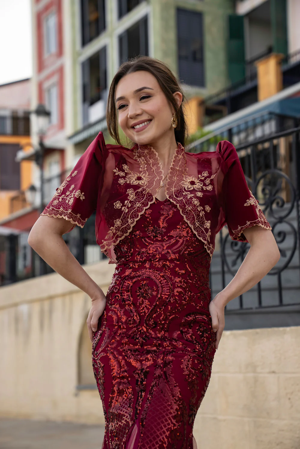 'Luisa' Bolero Filipiniana Sleeves (Burgundy) - Image 15