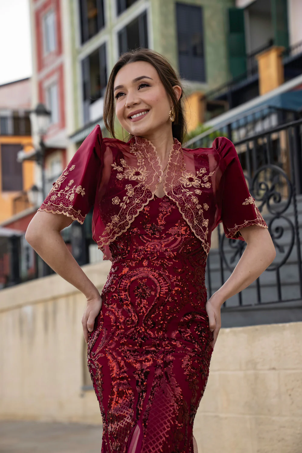 'Luisa' Bolero Filipiniana Sleeves (Burgundy) - Image 16