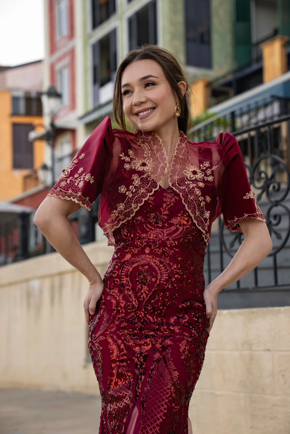 'Luisa' Bolero Filipiniana Sleeves (Burgundy) - Image 17