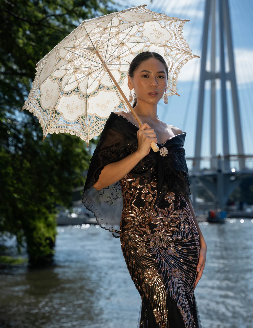 'Maria Clara' Filipiniana Alampay (Midnight Black) - Image 14