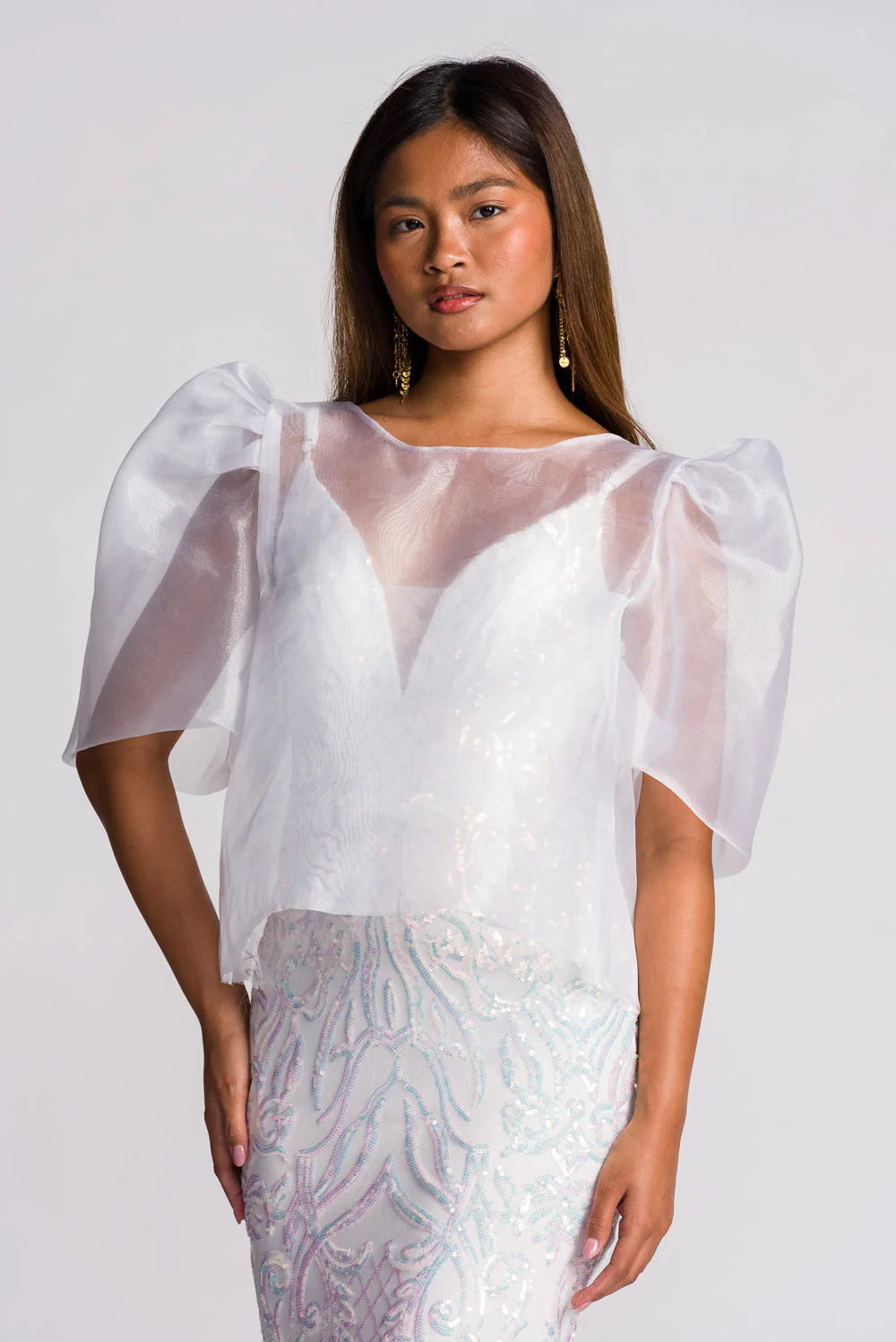 'Dahlia' Ribbon Tie-Up Modern Filipiniana Blouse (Snow White) - Image 14