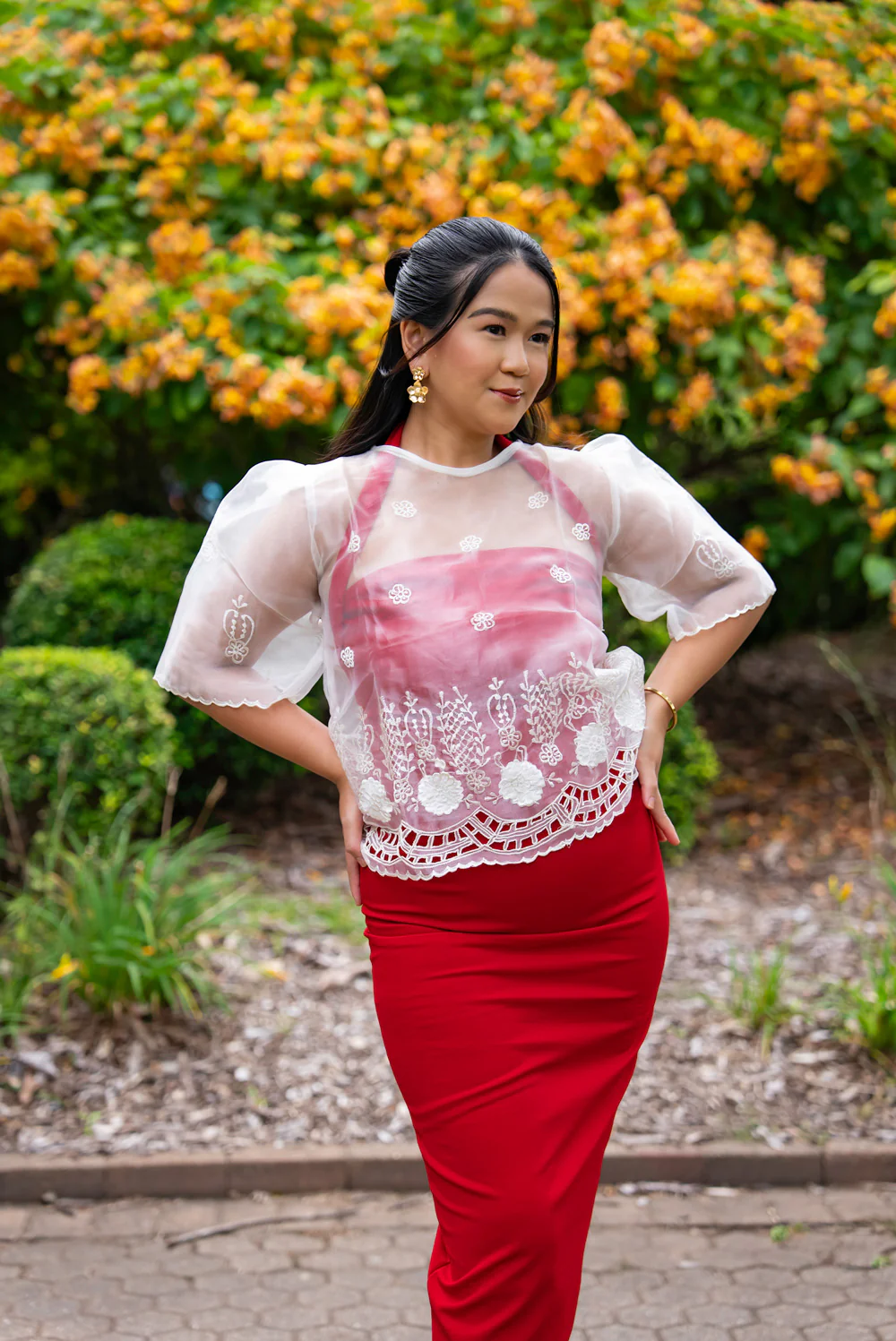 'Yen' Bell-Sleeve Women's Barong Tagalog – Ivory White, Organza - Image 11