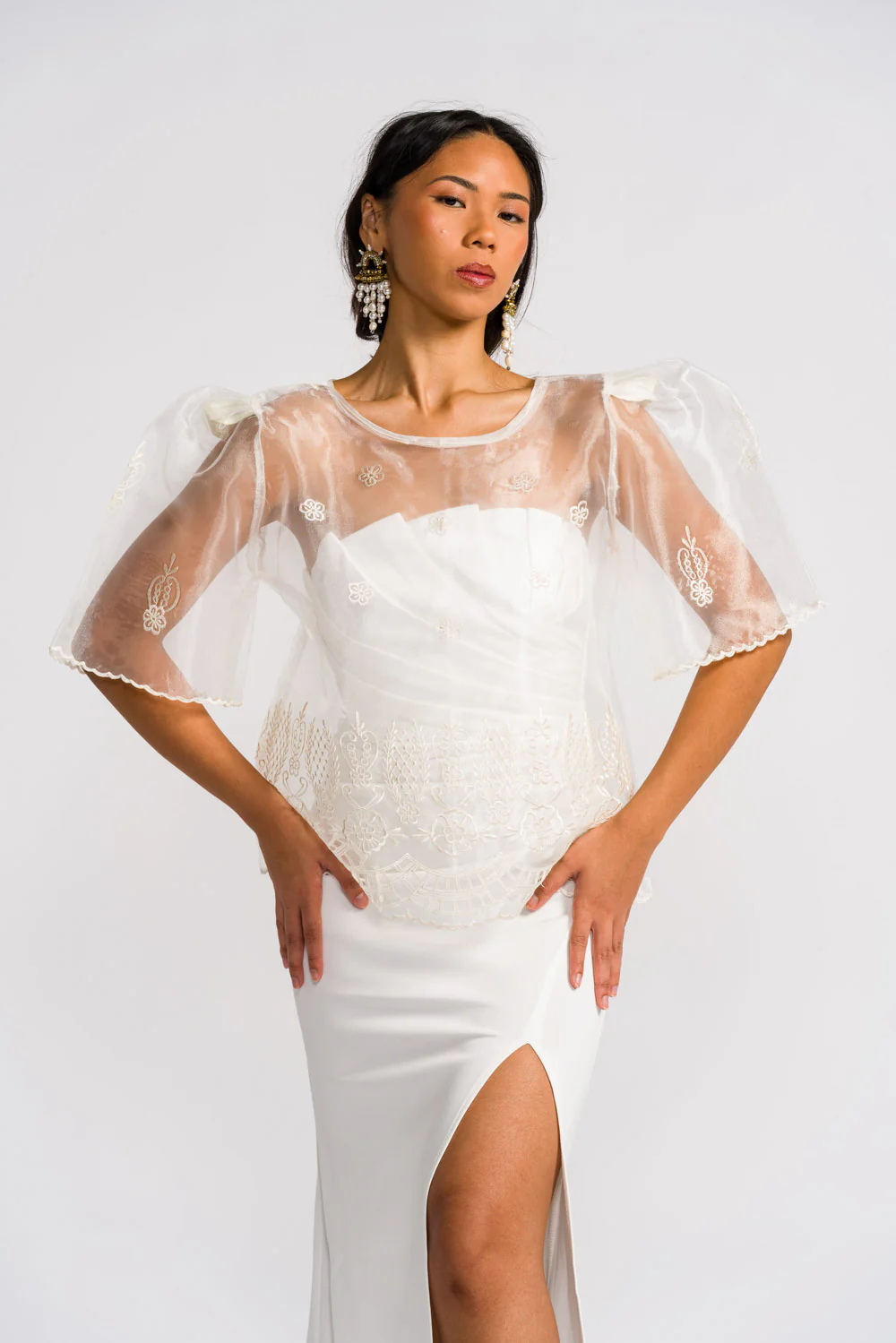 'Yen' Bell-Sleeve Women's Barong Tagalog – Ivory White, Organza - Image 3