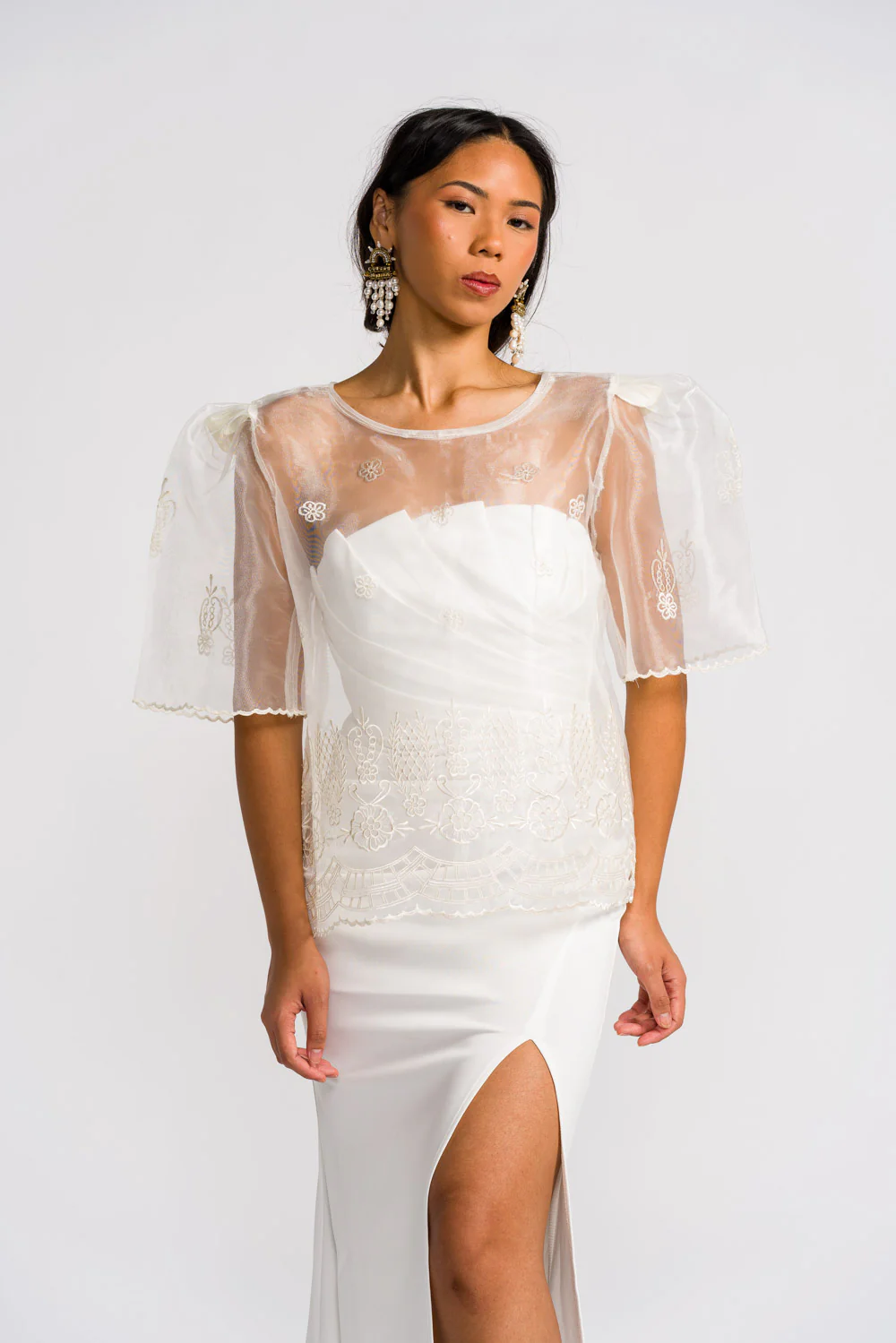 'Yen' Bell-Sleeve Women's Barong Tagalog – Ivory White, Organza - Image 4