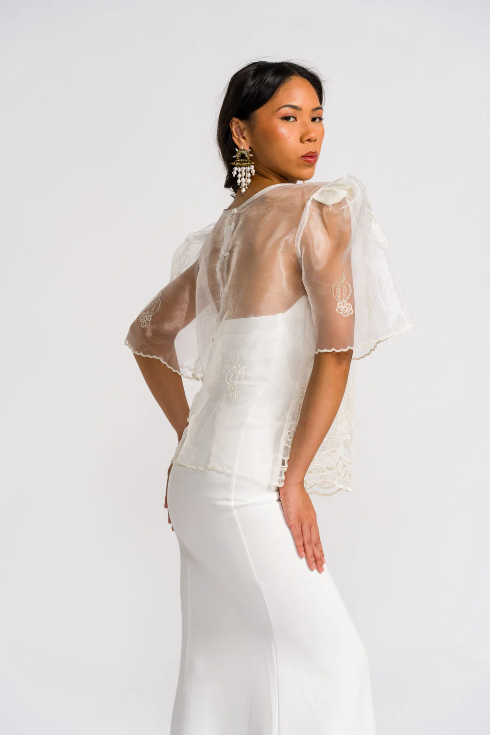'Yen' Bell-Sleeve Women's Barong Tagalog – Ivory White, Organza - Image 6