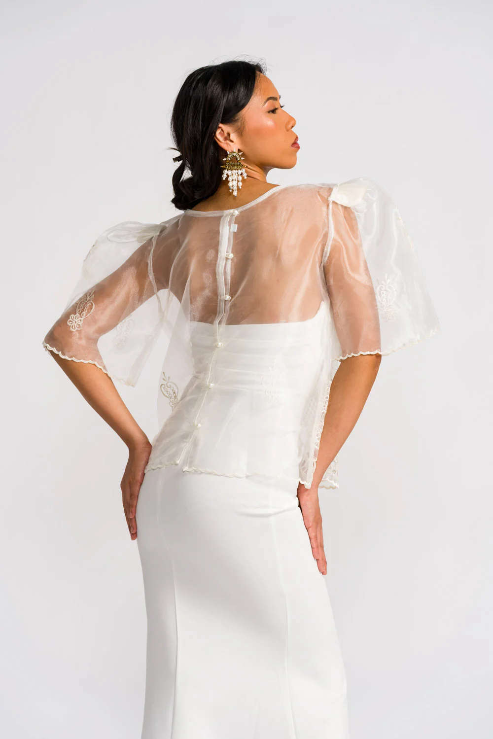 'Yen' Bell-Sleeve Women's Barong Tagalog – Ivory White, Organza - Image 7